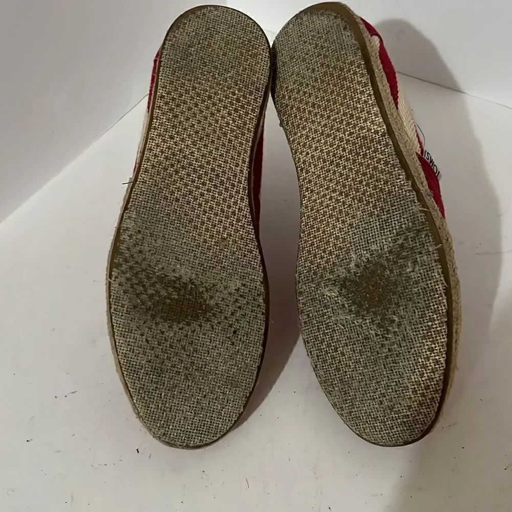 Toms Size 7 Casual Canvas Maroon Cream Stripe Jute Trim Slip On Shoes